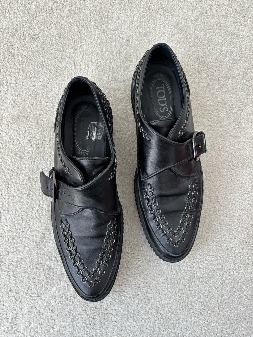 TOD’S Black Leather Monk Strap Loafers Platform Chain Detail Size 9.5 US - Picture 3 of 12